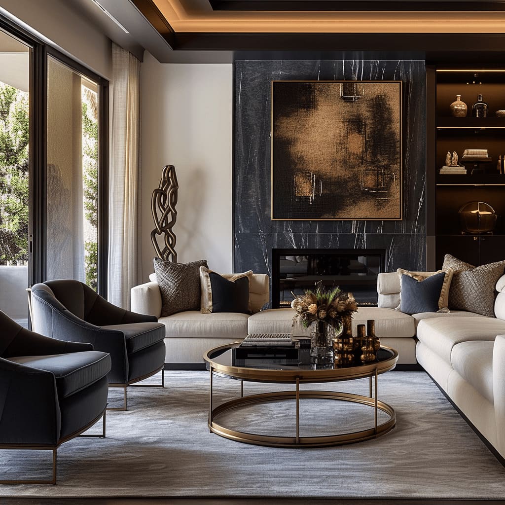 Art and decor integration seamlessly combines with premium lighting fixtures in this elegant living room