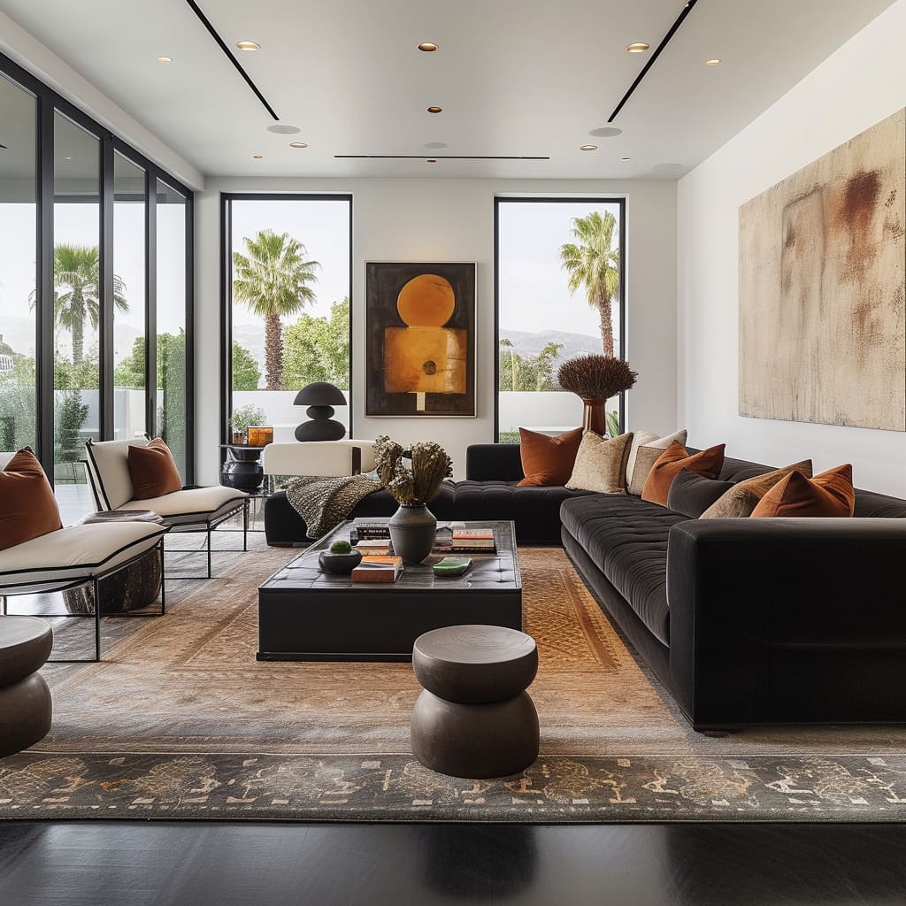 Artistic decor, including large-scale paintings, adds character to the space