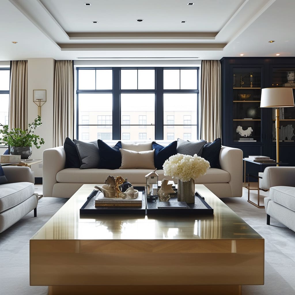 Bold golden accents add a touch of luxury to the living space