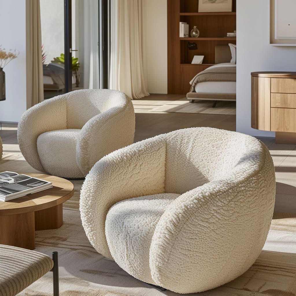Boucle fabric upholstery adds a touch of luxury and comfort to the seating arrangements