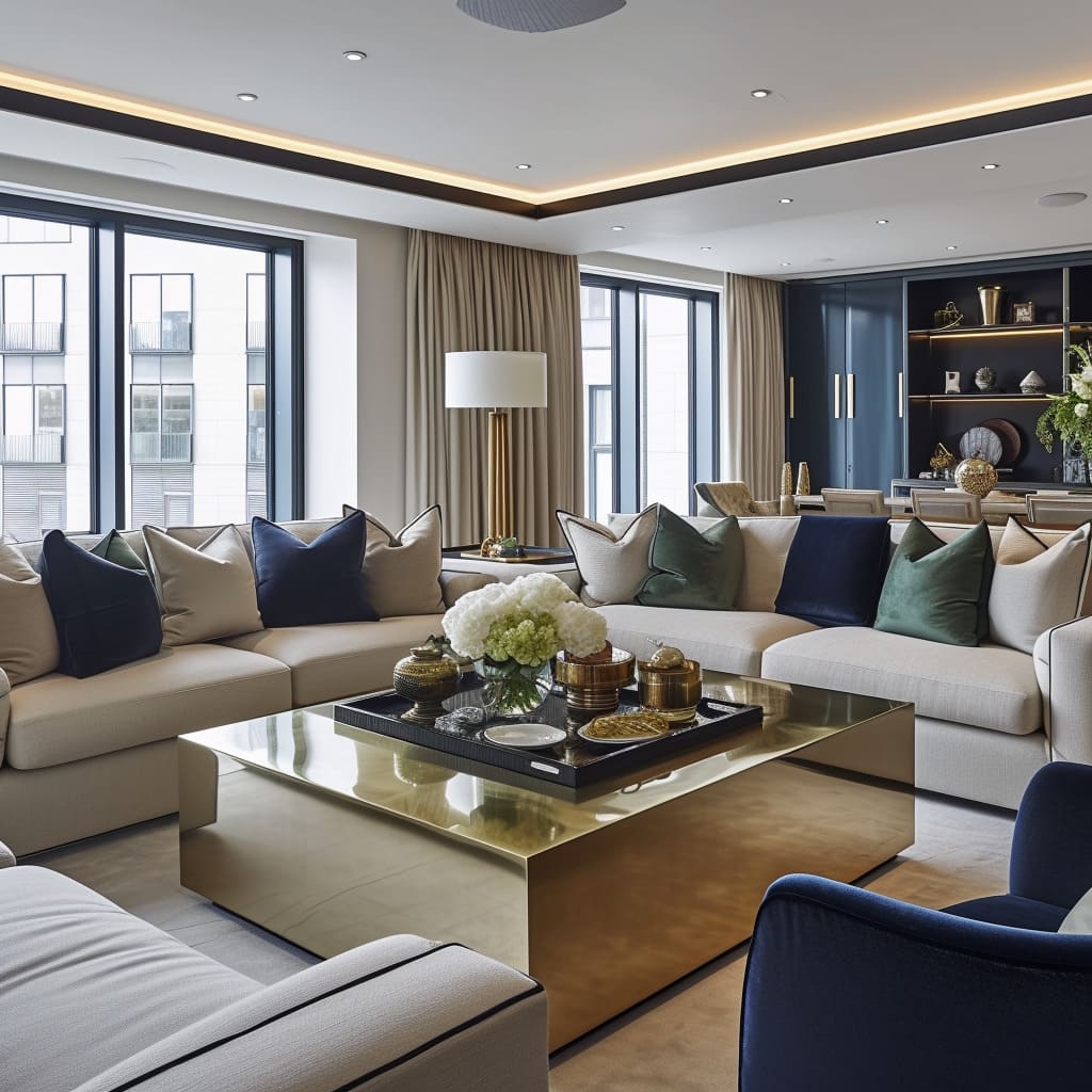 Chic living rooms boast balanced interiors with stylish accents