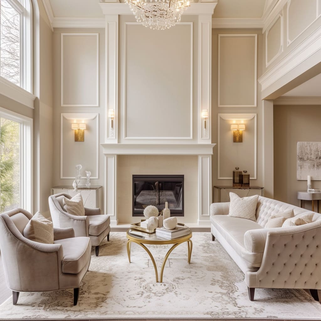 Luxury materials like high-quality wood and brass accents elevate the room's sophistication