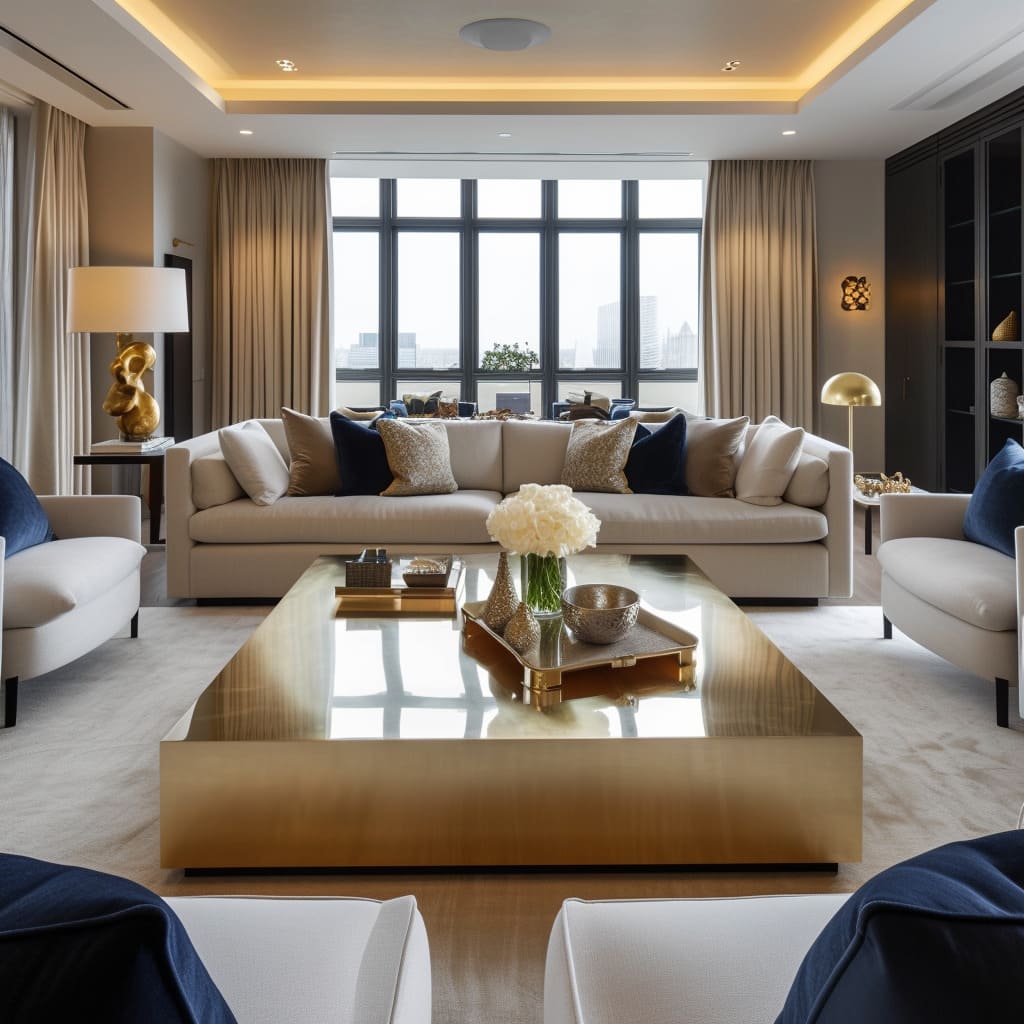 Metallic finishes and artistic decor complete the modern elegance
