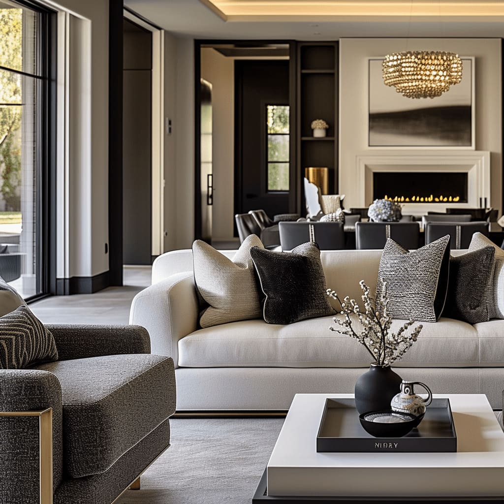 Opulent decor, including statement lighting and artistic elements, adds to the room's richness