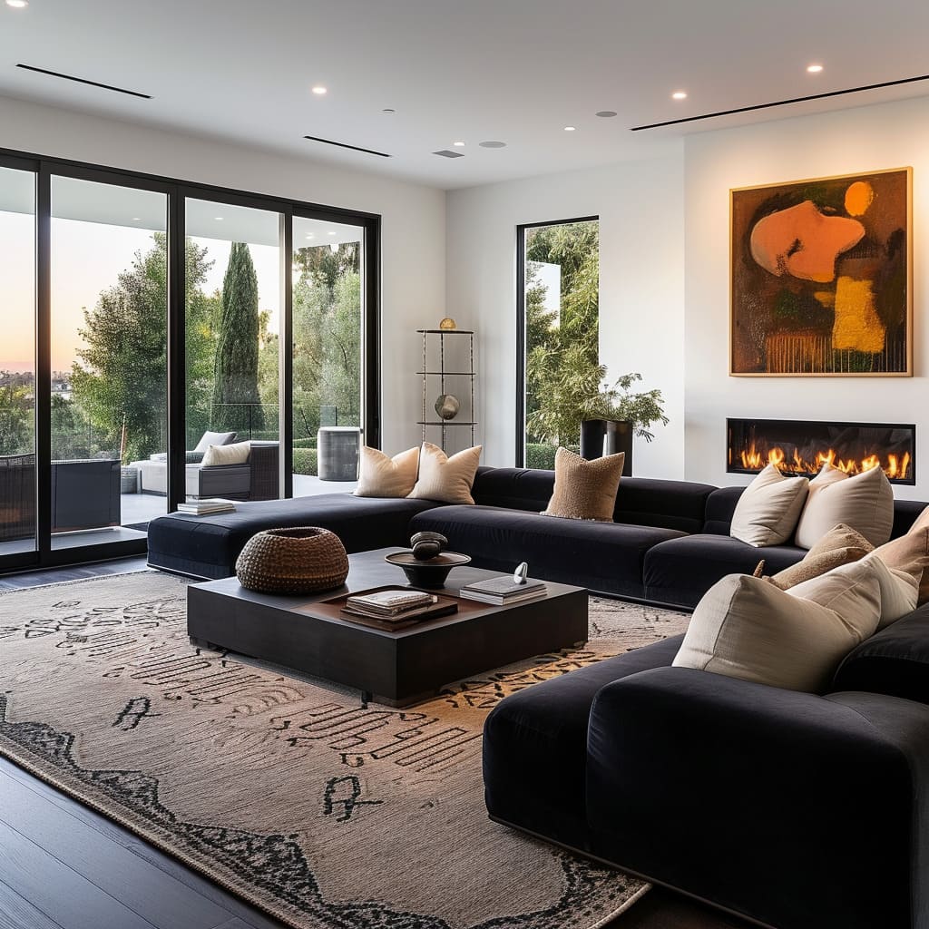 Plush black velvet sofas provide comfort and luxury to the sitting