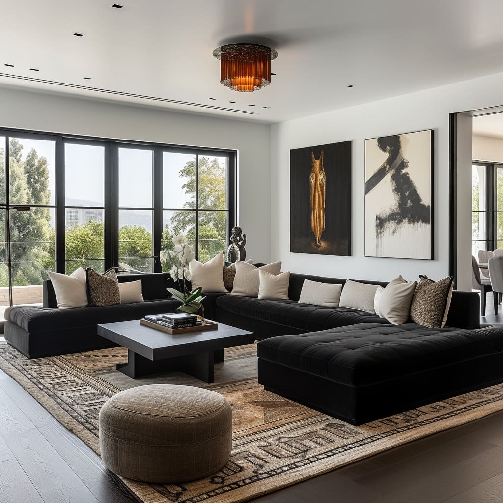 Sculptures adorn the luxury living room, elevating its aesthetic