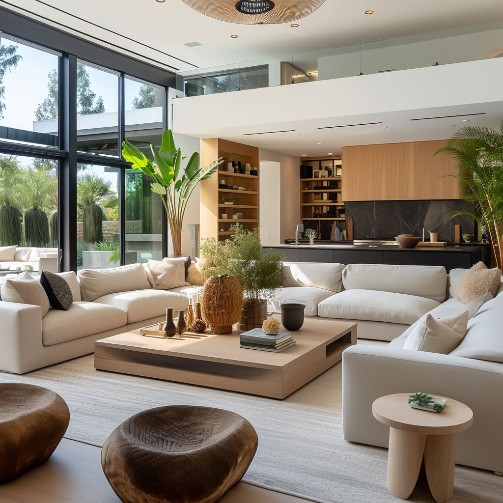 Statement pieces and sculptural decor add a high-end touch to the serene interior
