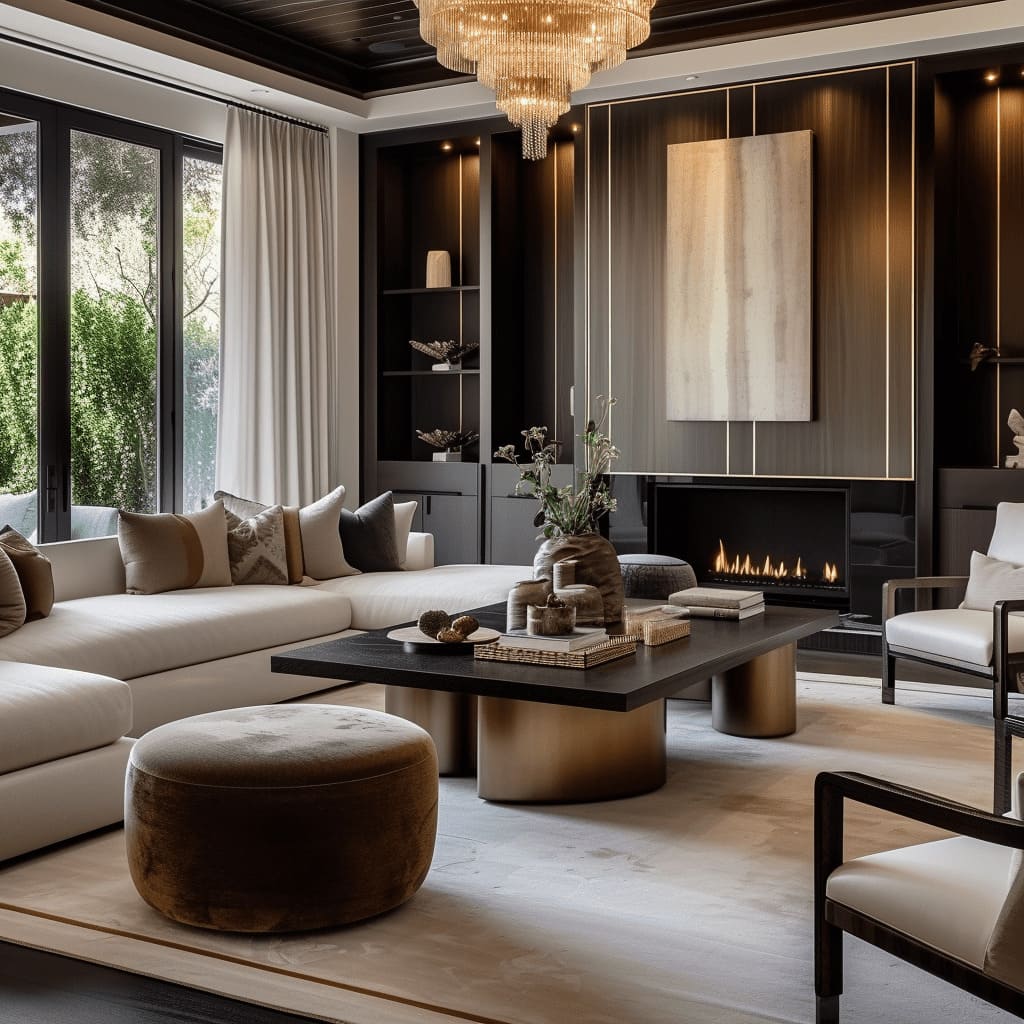 Strategic lighting placement and thoughtful furniture arrangement enhance the luxurious living room's elegance
