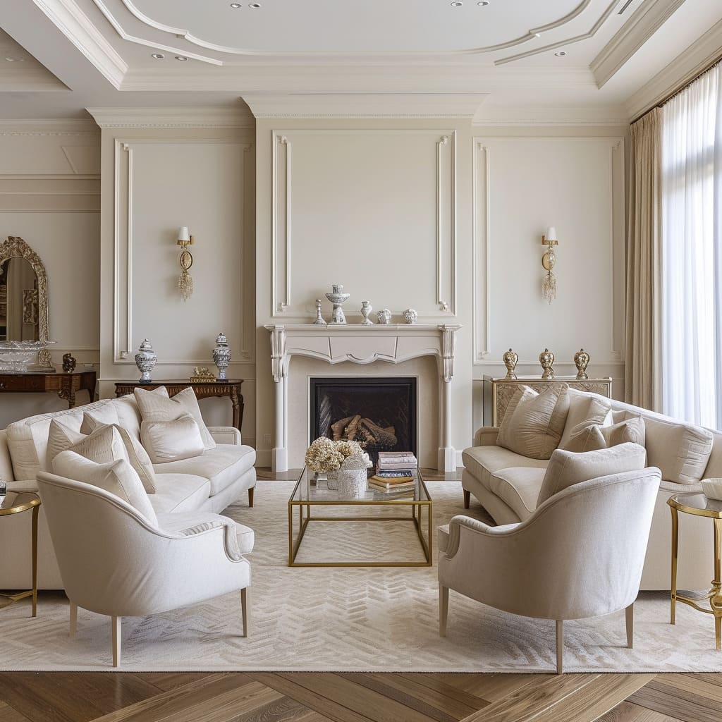 Subtle patterns and warm neutrals contribute to the cozy elegance of this stylish living room