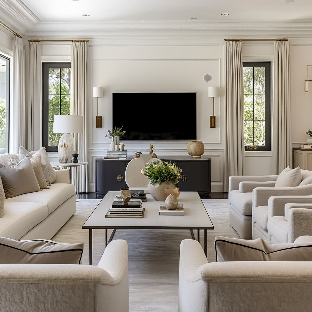 Such plush mixed style furniture adds comfort to a transitional living room