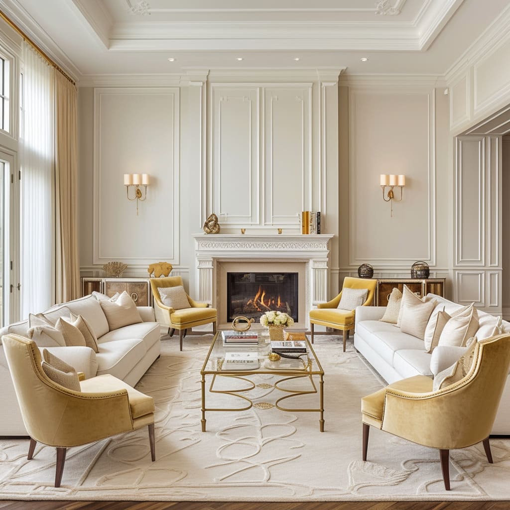 Textural depth is achieved through the use of velvet upholstery and marble fireplaces