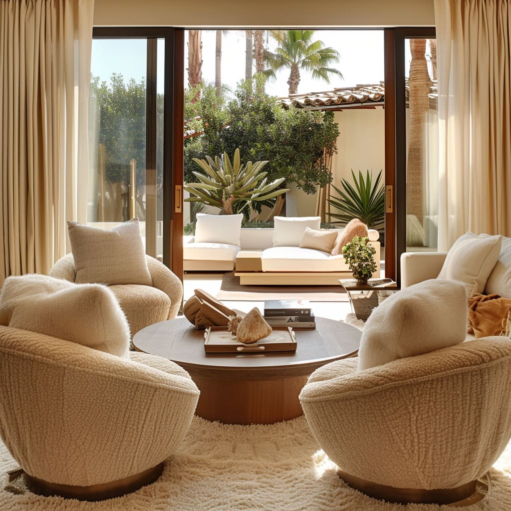 The boucle armchairs add warmth and texture to the cozy ambiance of the room