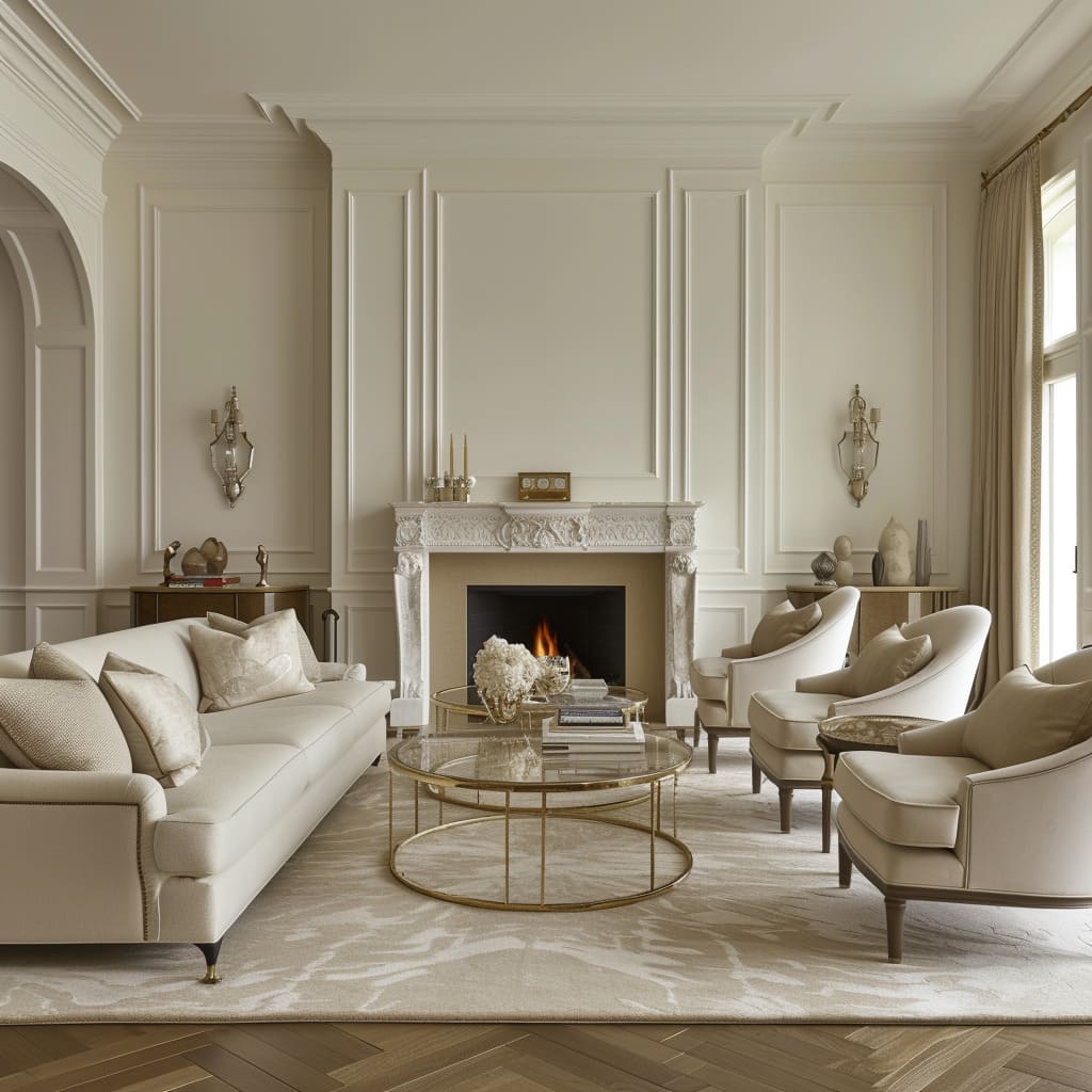 The classic decor in this interior elegance showcases luxurious materials and elegant furniture