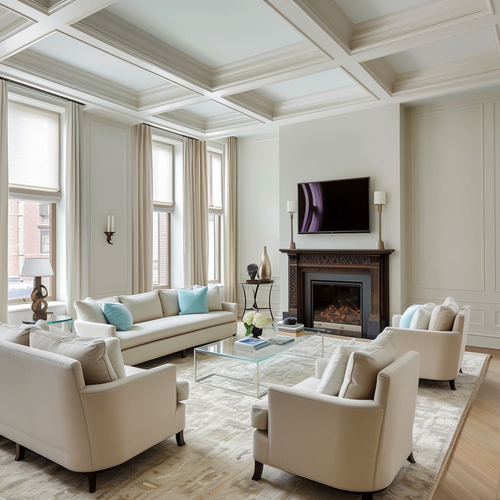 The coffered ceilings and ceiling design add to the overall elegance