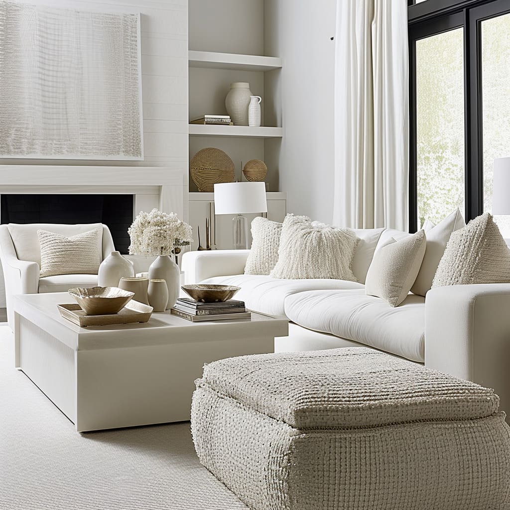 The contemporary living room boasts elegance through its plush textiles and subdued color palette