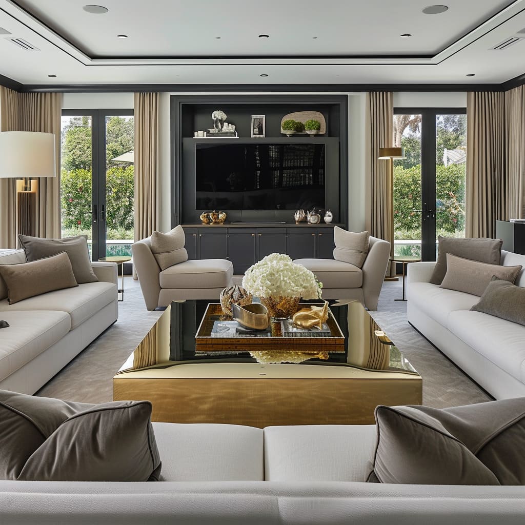 The great room's furniture exudes modern sophistication