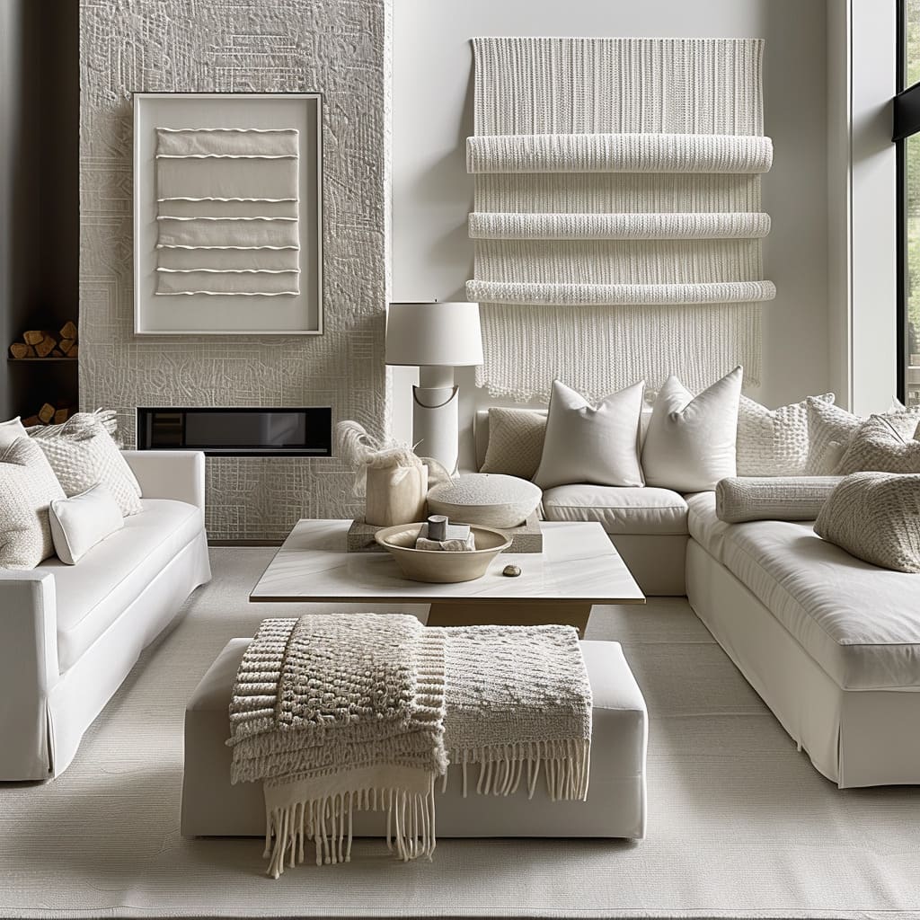 The inviting drawing room, featuring clean lines and high-end textures