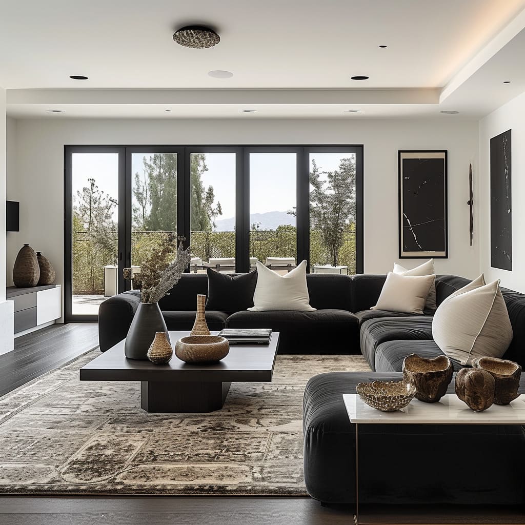 The living room exudes contemporary luxury with its thoughtful furniture selection