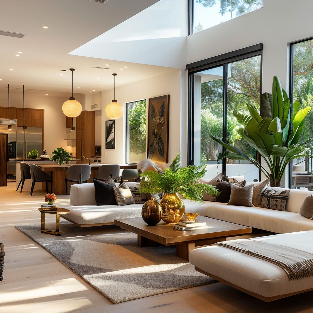The living room's cozy textures and natural light contribute to its elegant design