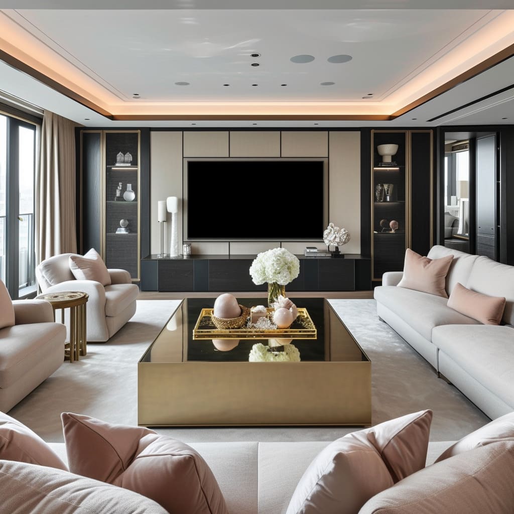 The luxurious salon showcases the epitome of elegant decor