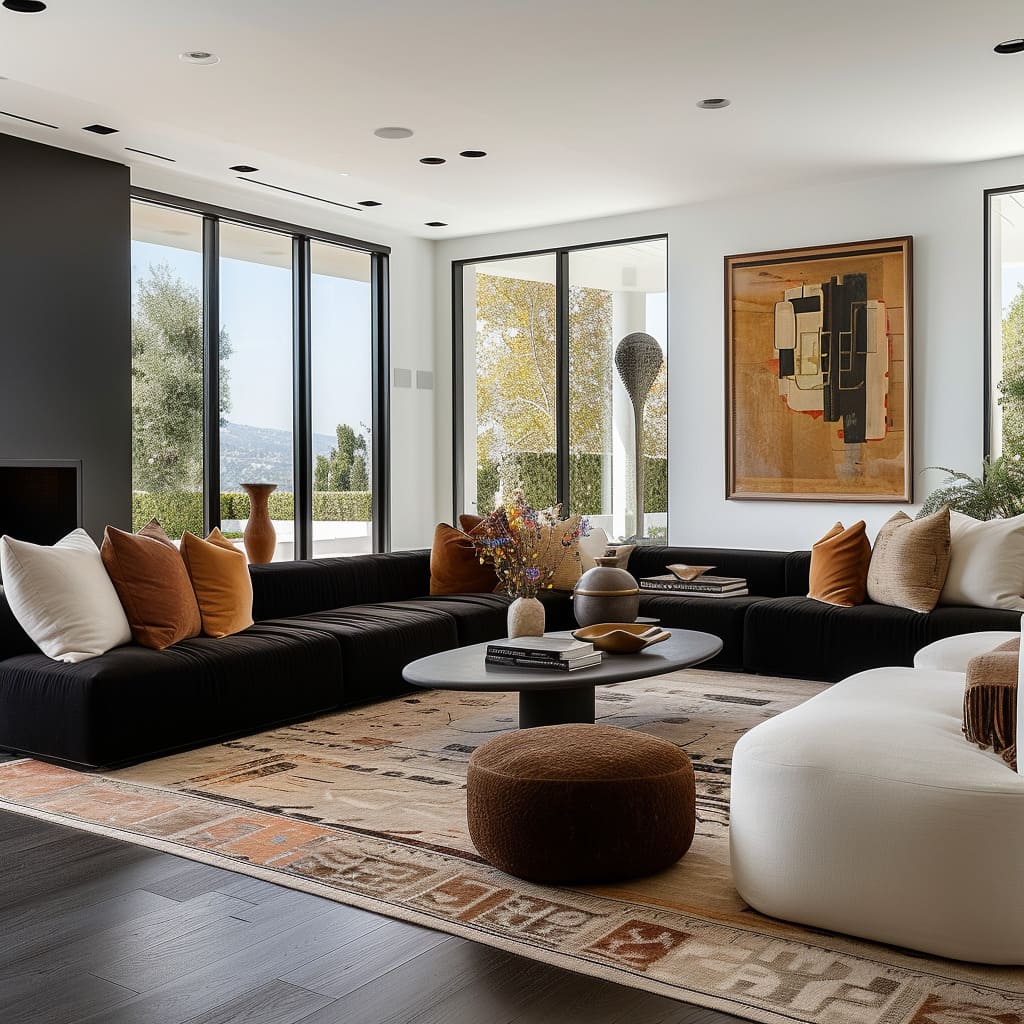 The luxury living room exudes elegance with a sophisticated color palette