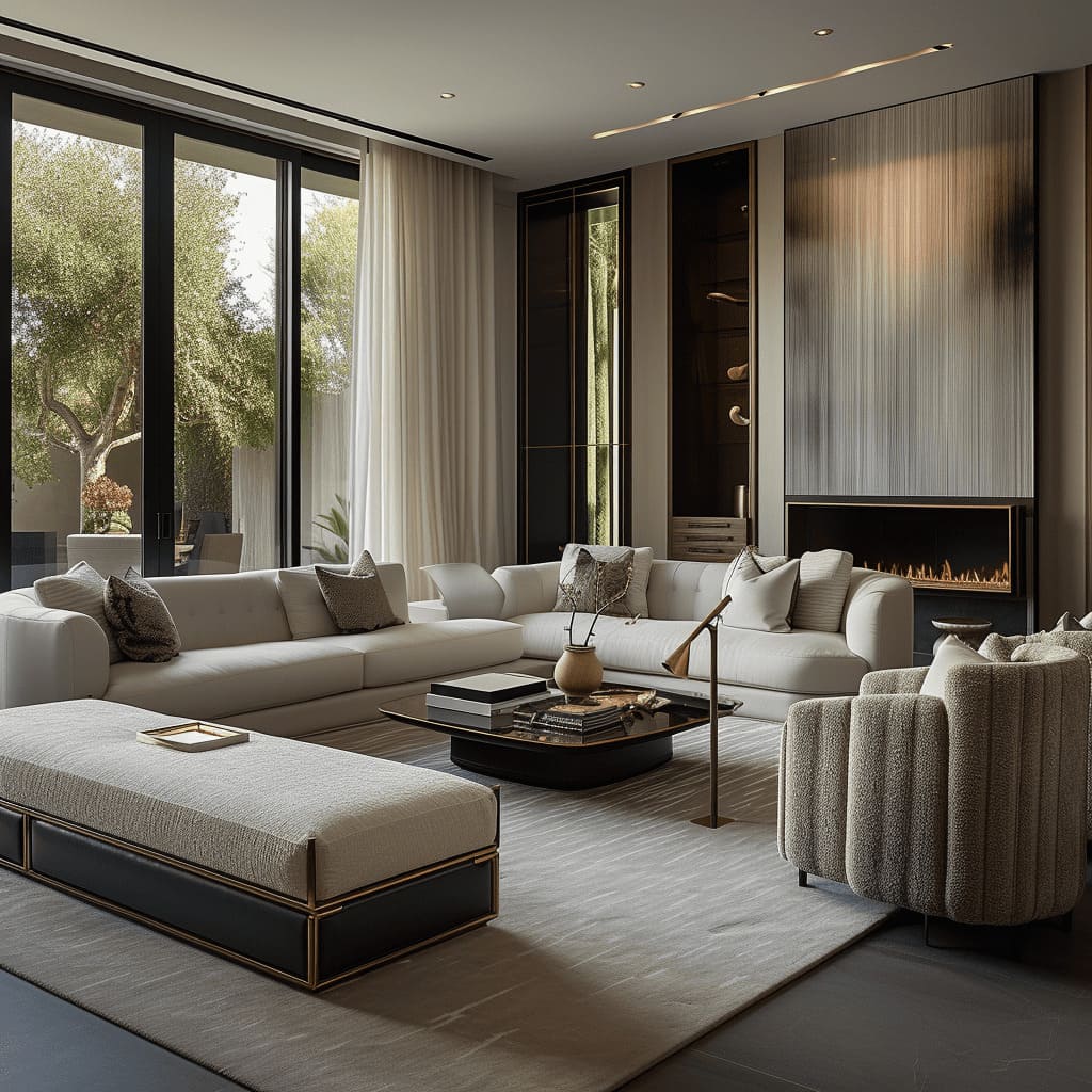 The modern luxury living room boasts a multi-sensory experience with smooth and rough surfaces