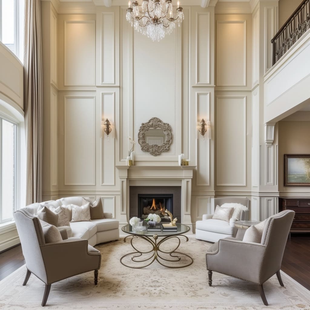 The neutral color palette and symmetrical layout create a harmonious and elegant space