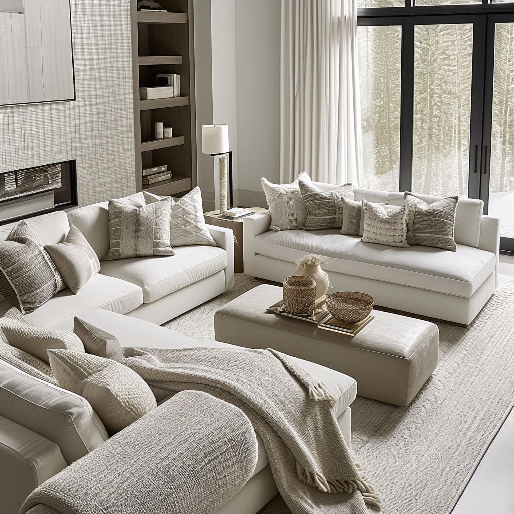 The neutral color scheme and chic simplicity contribute to the minimalist aesthetic and stylish comfort