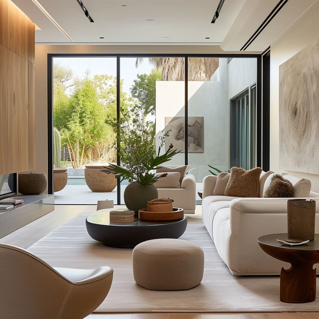 The open plan layout promotes harmony between the great room's furniture and textures