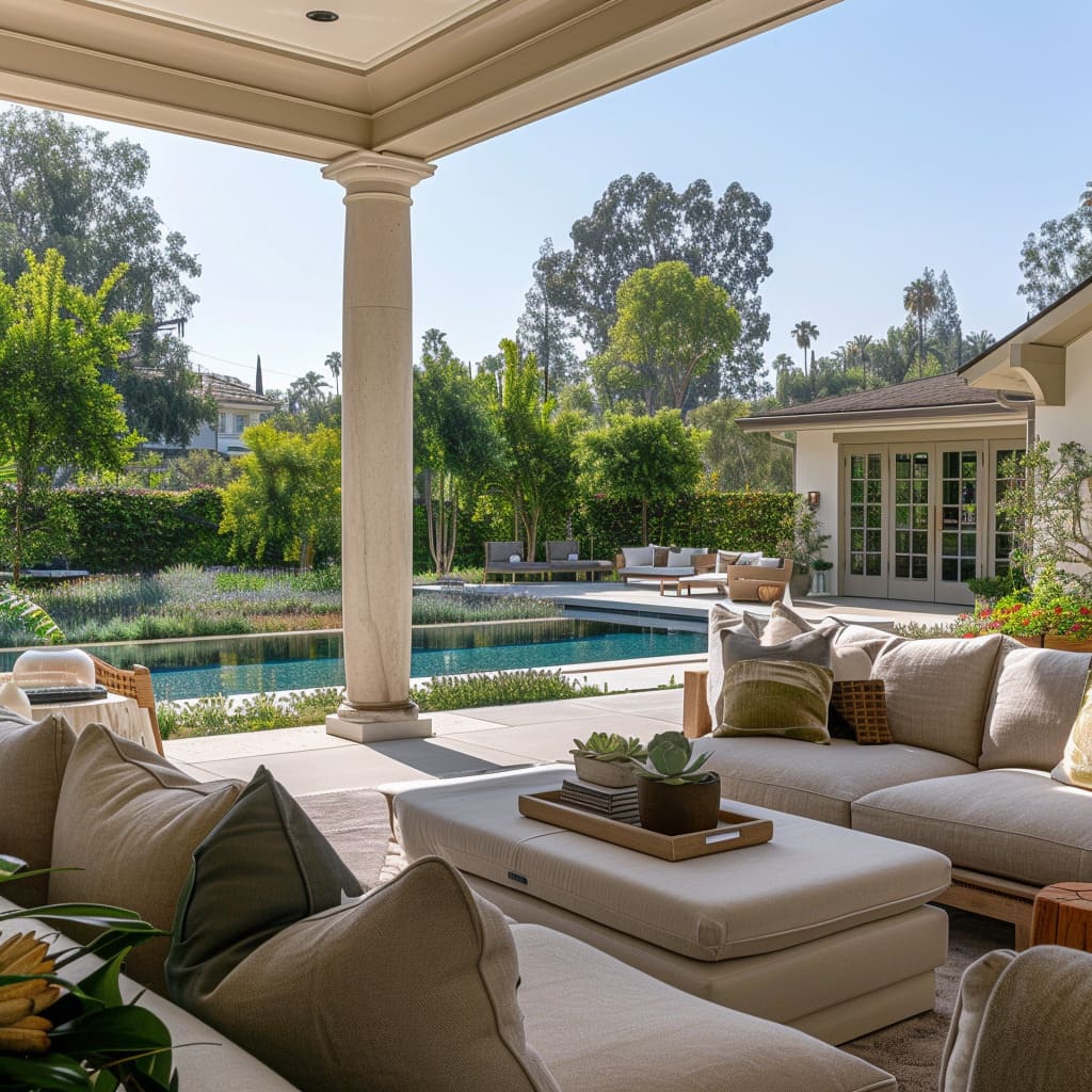 The pergola living area embodies the Californian lifestyle, with its comfortable design