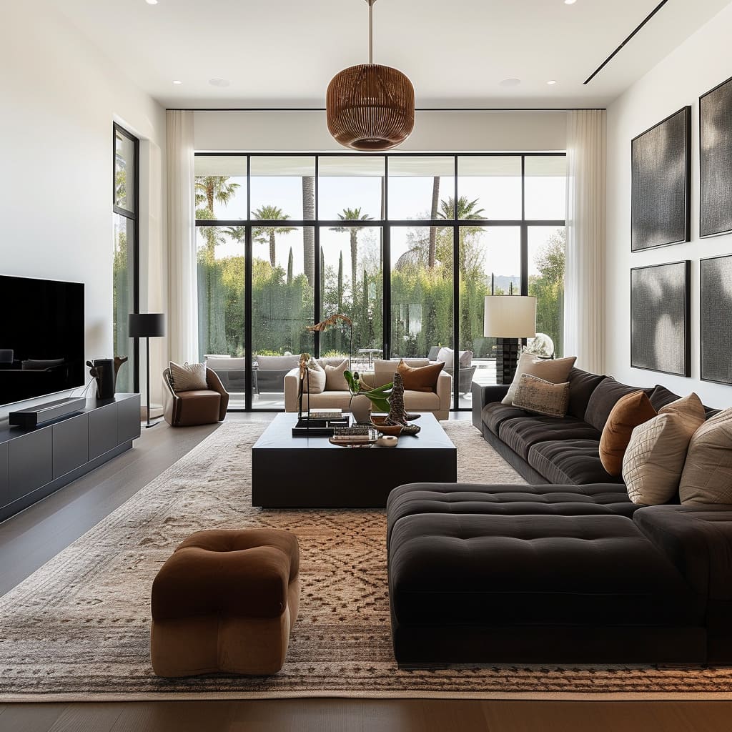 The precision layout of large sofas and spacious tables enhances the room's elegance