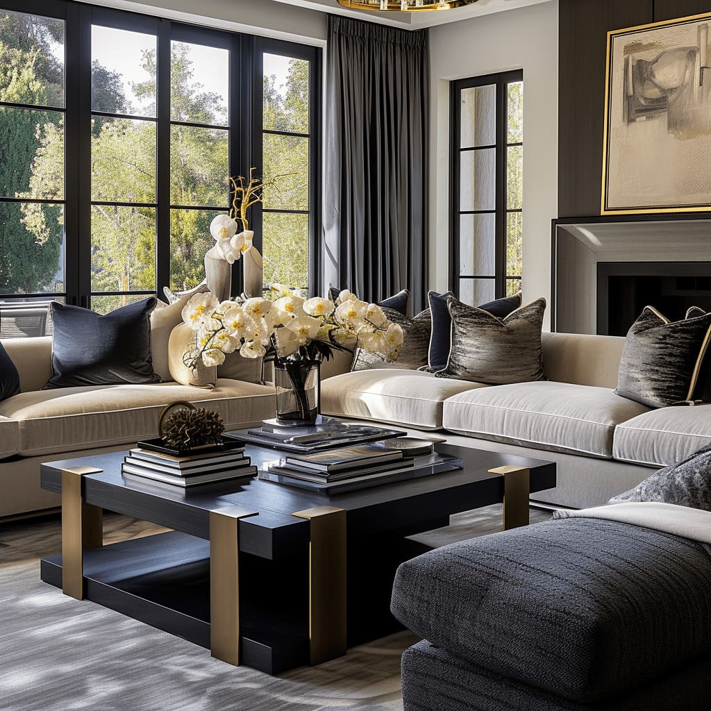 The room boasts saturated color accents and metallic tones, adding depth to the opulent decor