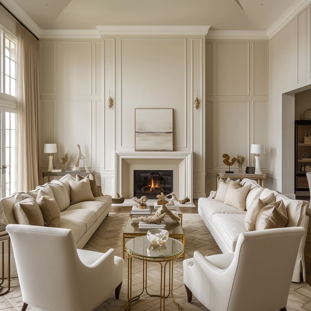 The salon room's chic palette and natural light create an elegant living space