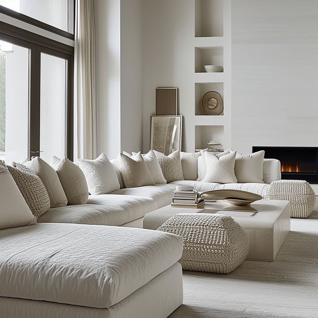 The sitting boasts a monochromatic palette, clean lines, and high-end textures for a comfortable luxury experience