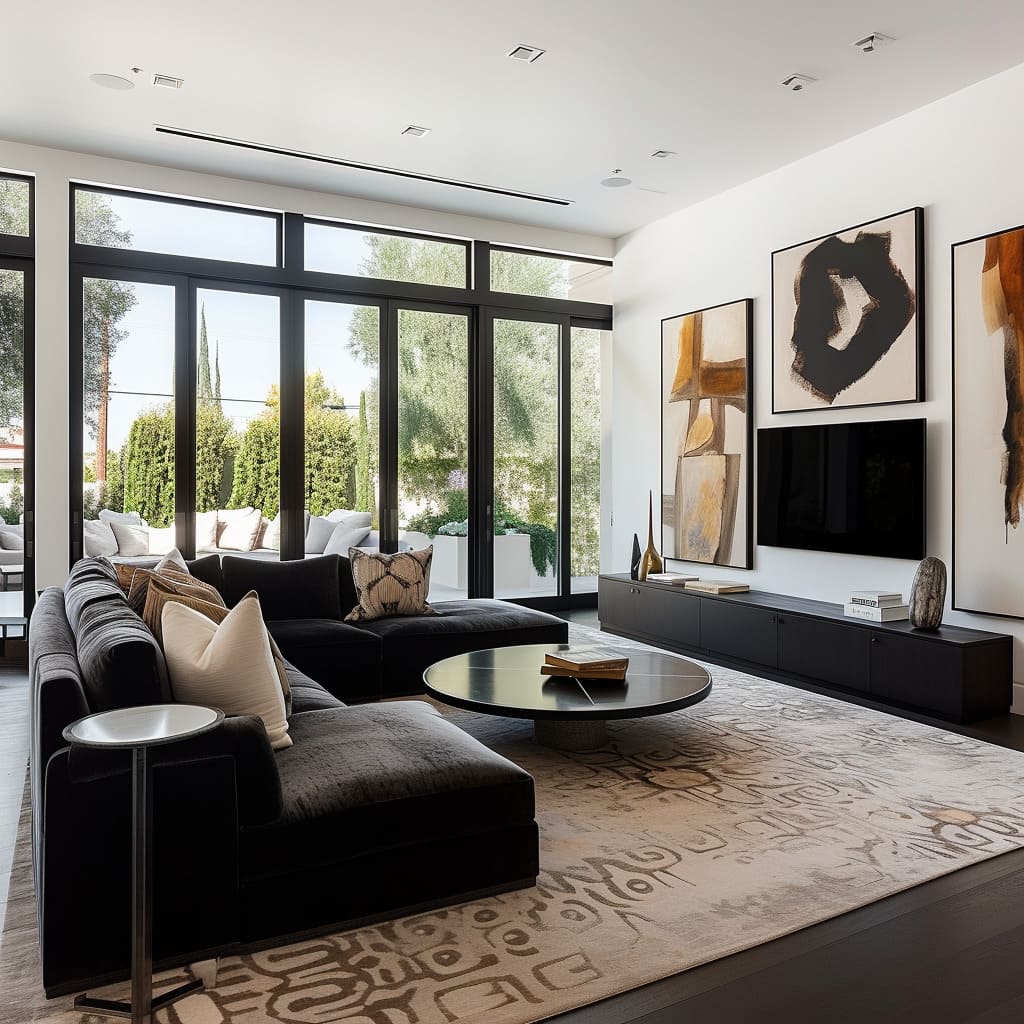 The sleek television seamlessly blends into the room's elegant design