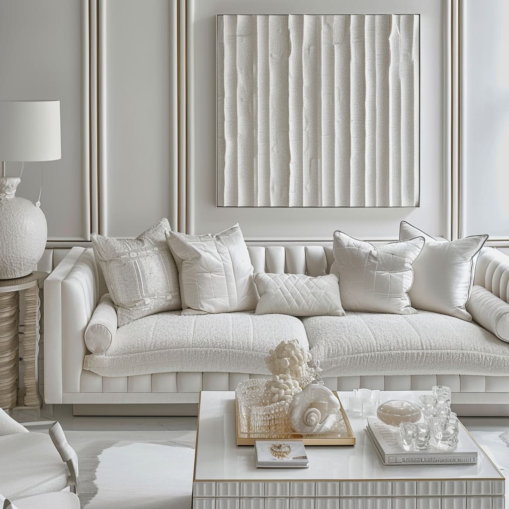The soft colors living room is adorned with soft neutrals and subtle art for a sophisticated palette