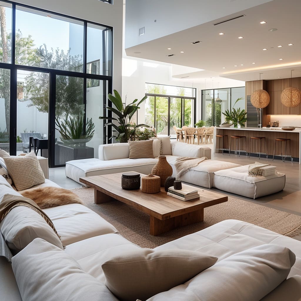 The spacious modern living room design combines luxury and contemporary aesthetics for a sophisticated space