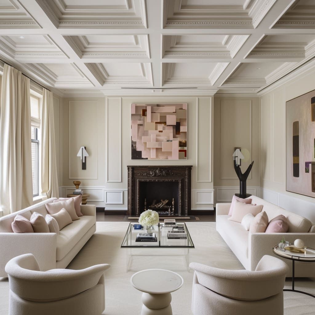 The spacious transitional living room combines classical elegance with functional decor
