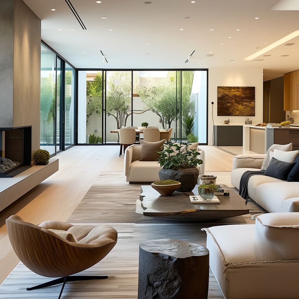 The spaciousness and natural light enhance the room's minimalist design and trendy appeal
