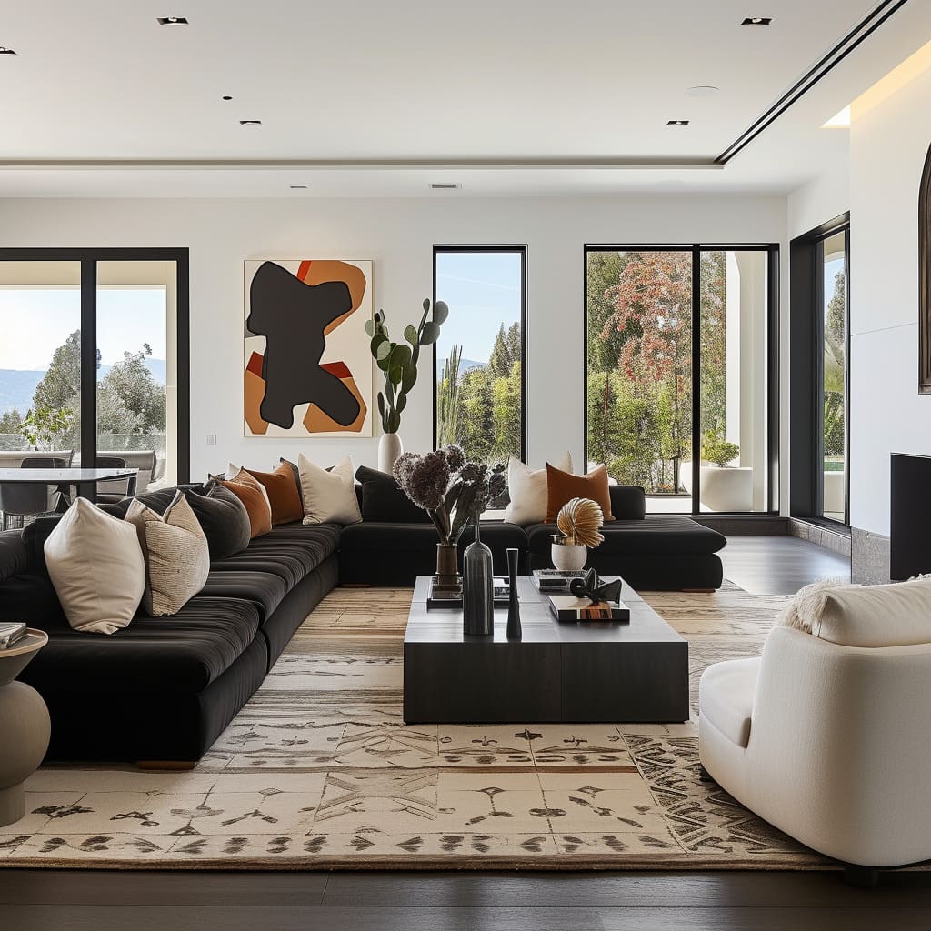 The substantial art pieces contribute to the room's overall aesthetic