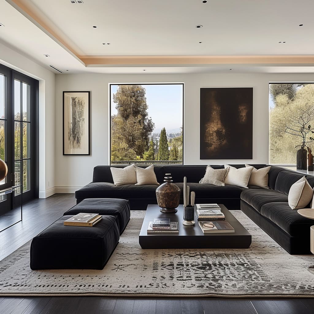 Thoughtful furniture choices contribute to the room's chic and contemporary luxury