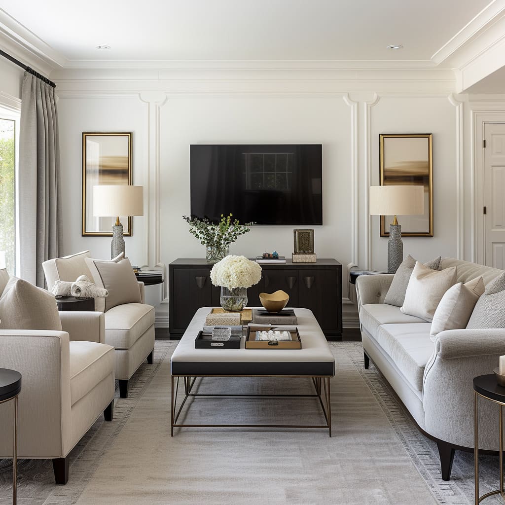 Transitional furnishings create an artful fusion of classic and contemporary design elements