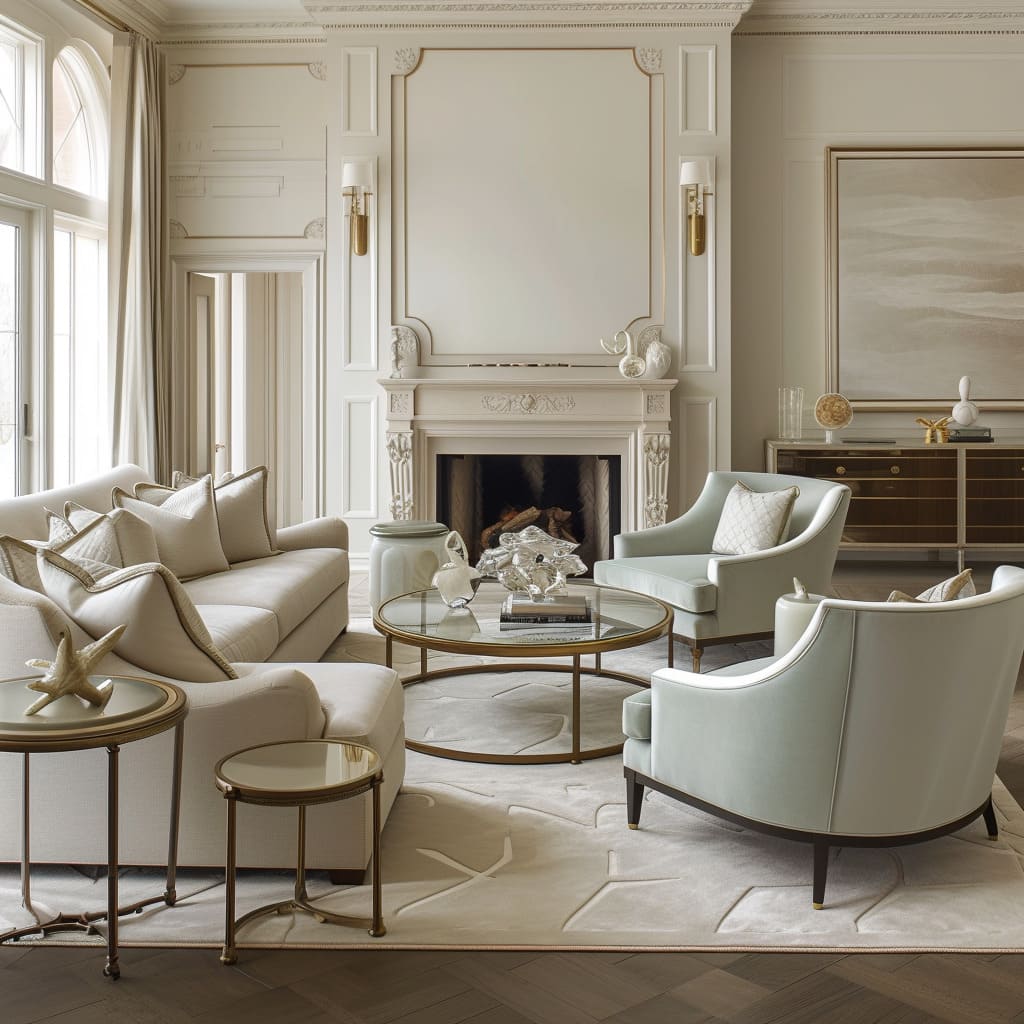 Velvet upholstery and marble fireplaces bring a touch of luxury to this classic family room