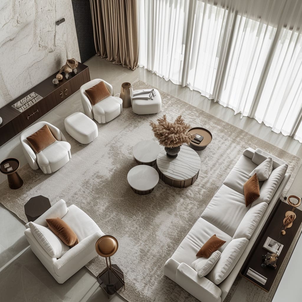 With elegant furnishings and a neutral palette, the living room exudes a calm and sophisticated atmosphere