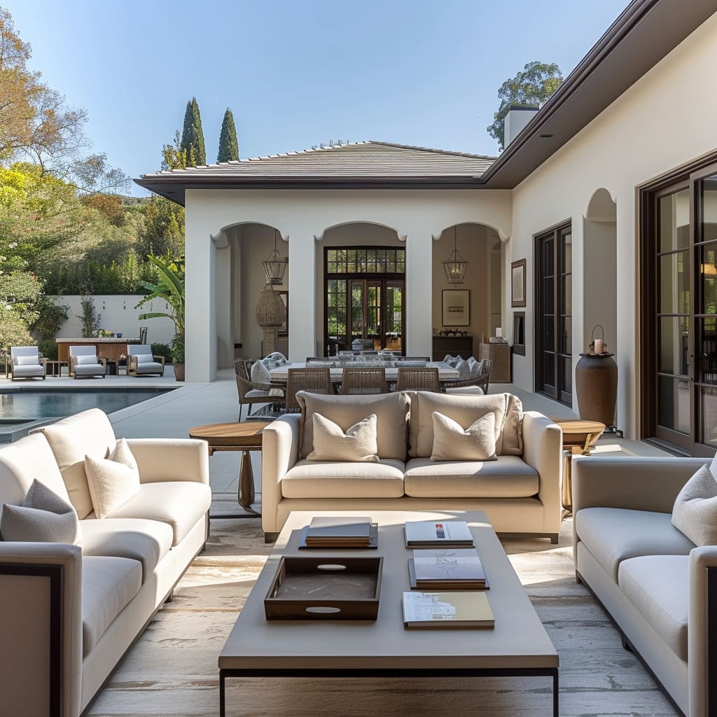 With its timelessness and understated luxury, the patio offers a serene retreat with plush cushions and clean lines