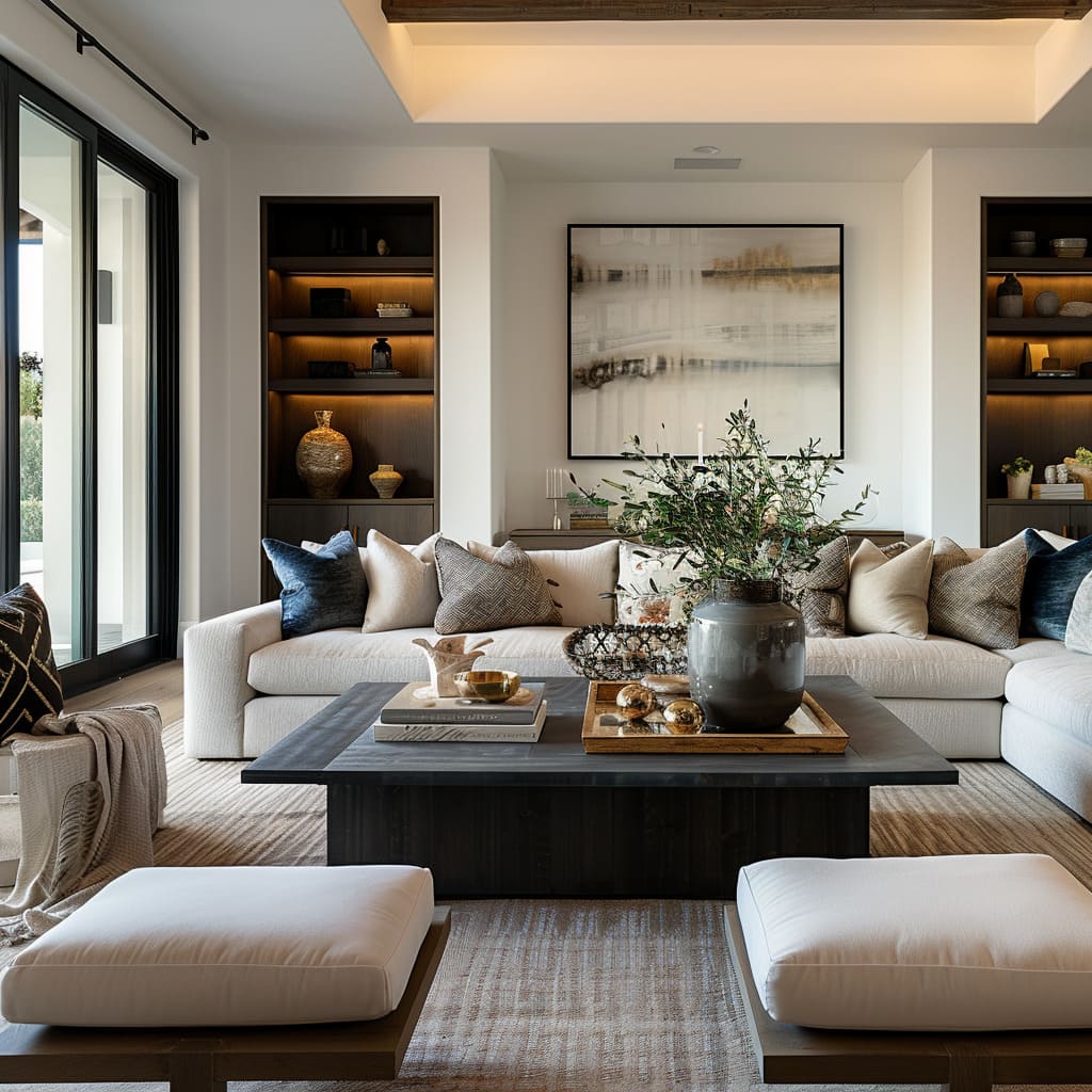 The contemporary interior design of the living room blends artistic expression with personalization