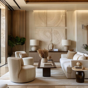 Living Room Interiors with Natural Materials and Minimalist Design