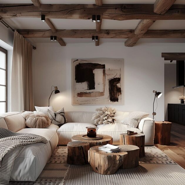 Live-Edge Wood and Logs in Living Room Interior Design Ide