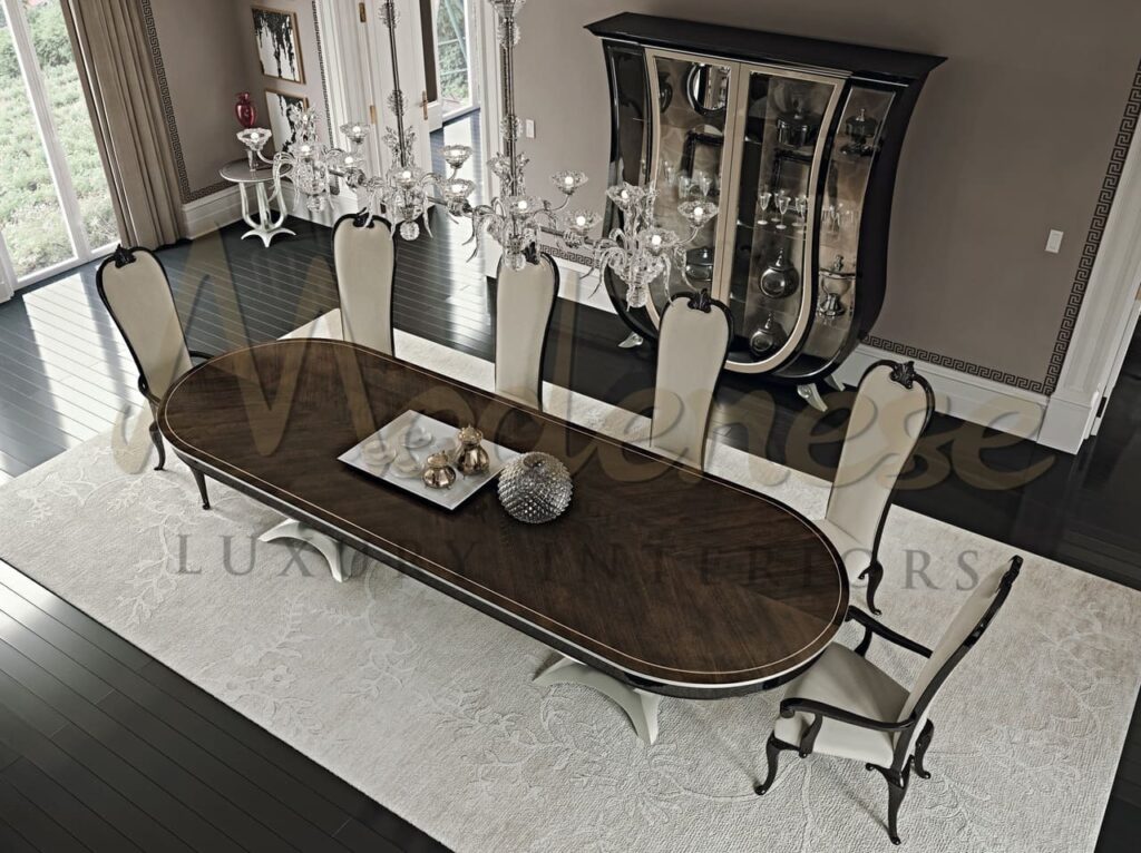 Hardwood dining table add timeless elegance to the villa space, complementing the classic decor