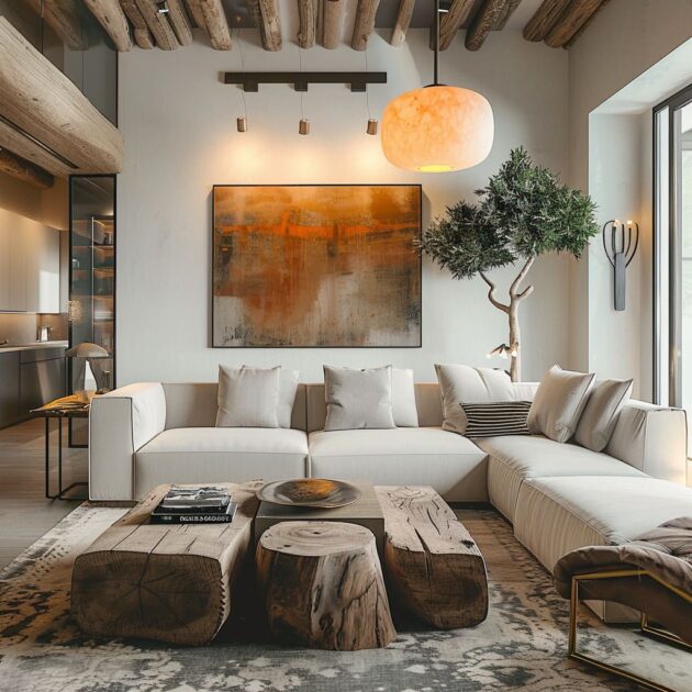 Live-Edge Wood and Logs in Living Room Interior Design Ide